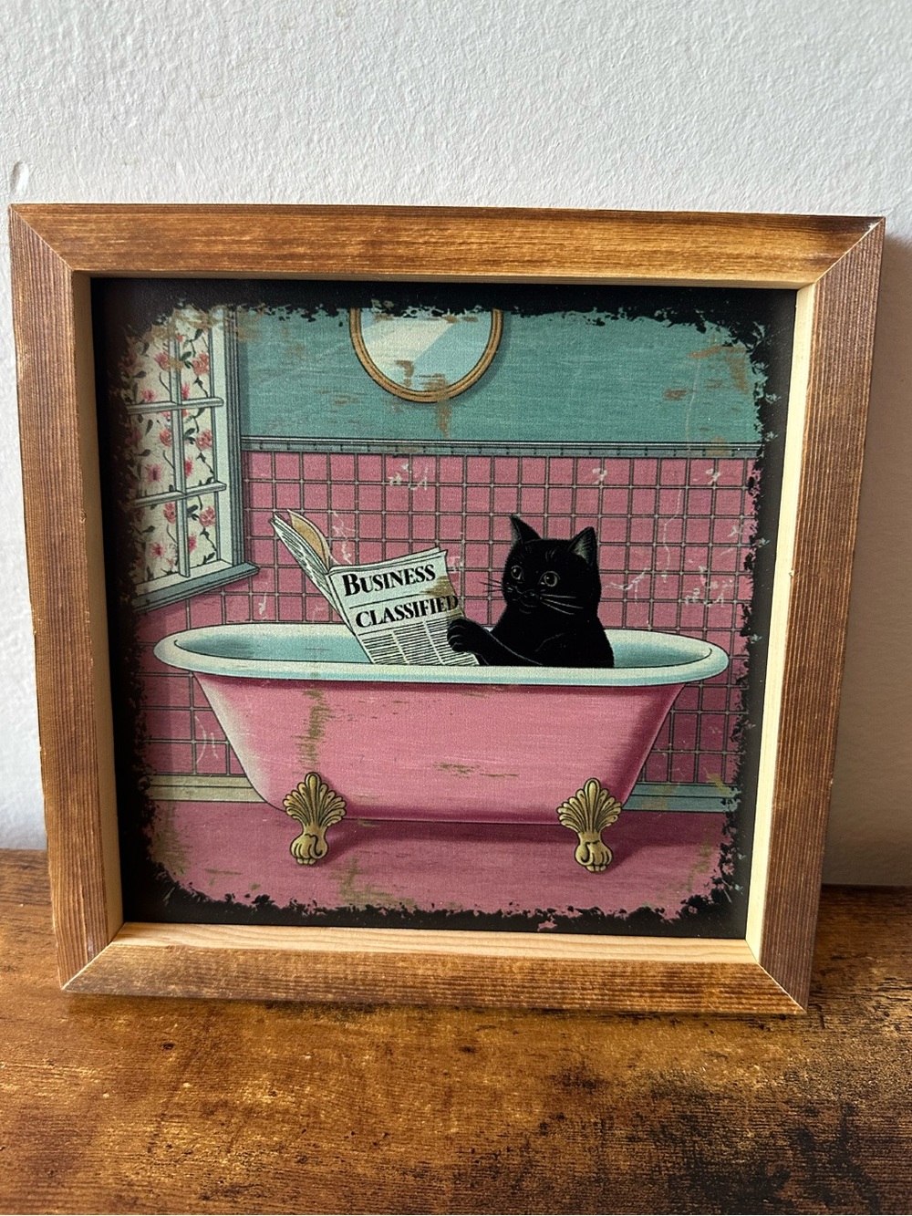 Framed Wooden Vintage-Style Cat in Pink Clawfoot Tub Art Wall Home Decor NWT